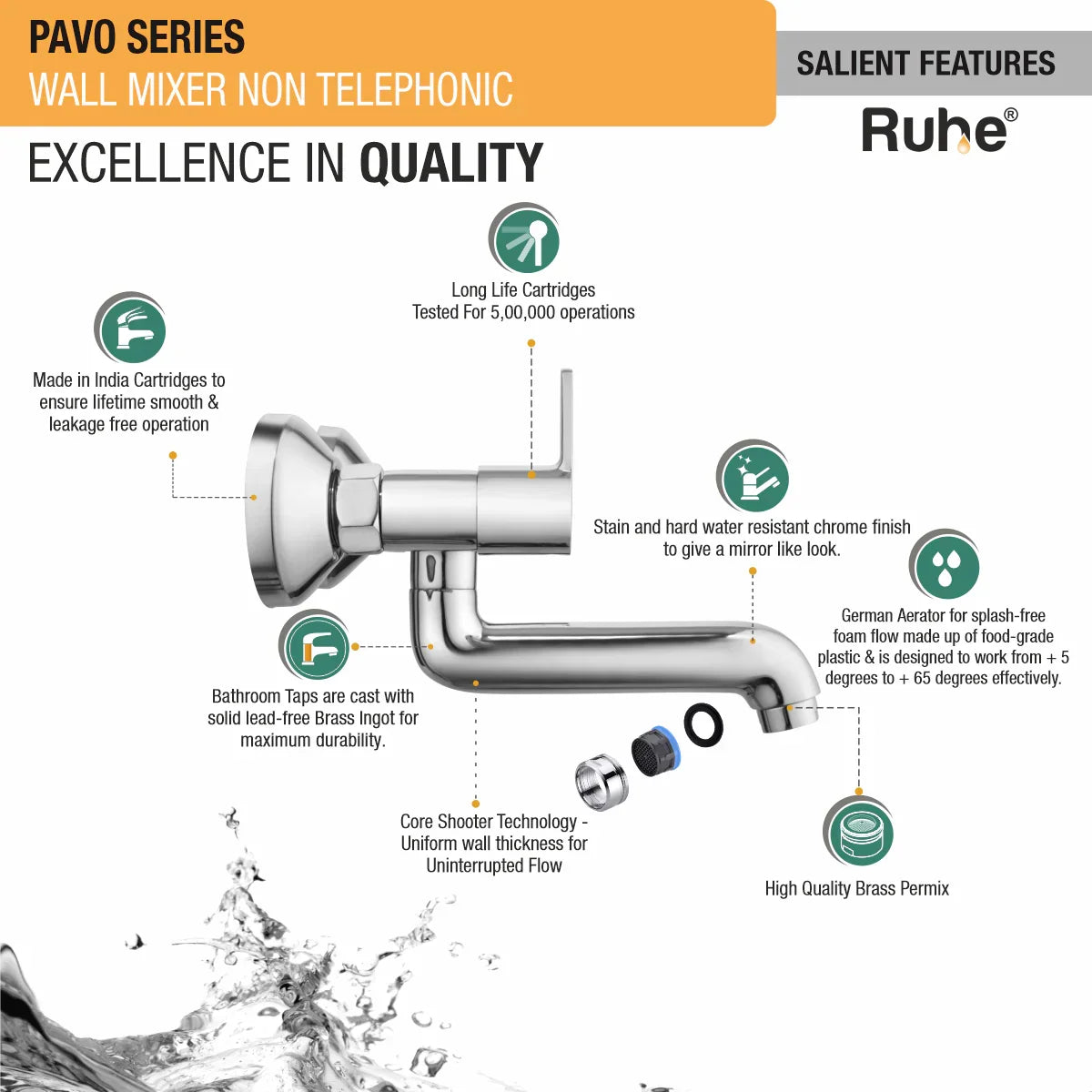 Pavo Wall Mixer Brass Faucet (Non-Telephonic) features