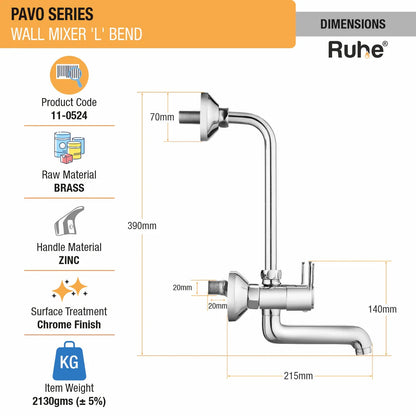 Pavo Wall Mixer Brass Faucet with L Bend dimensions and size