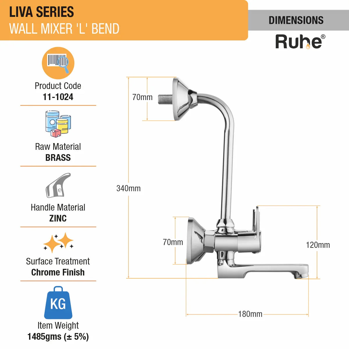 Liva Wall Mixer Brass Faucet with L Bend dimensions and size