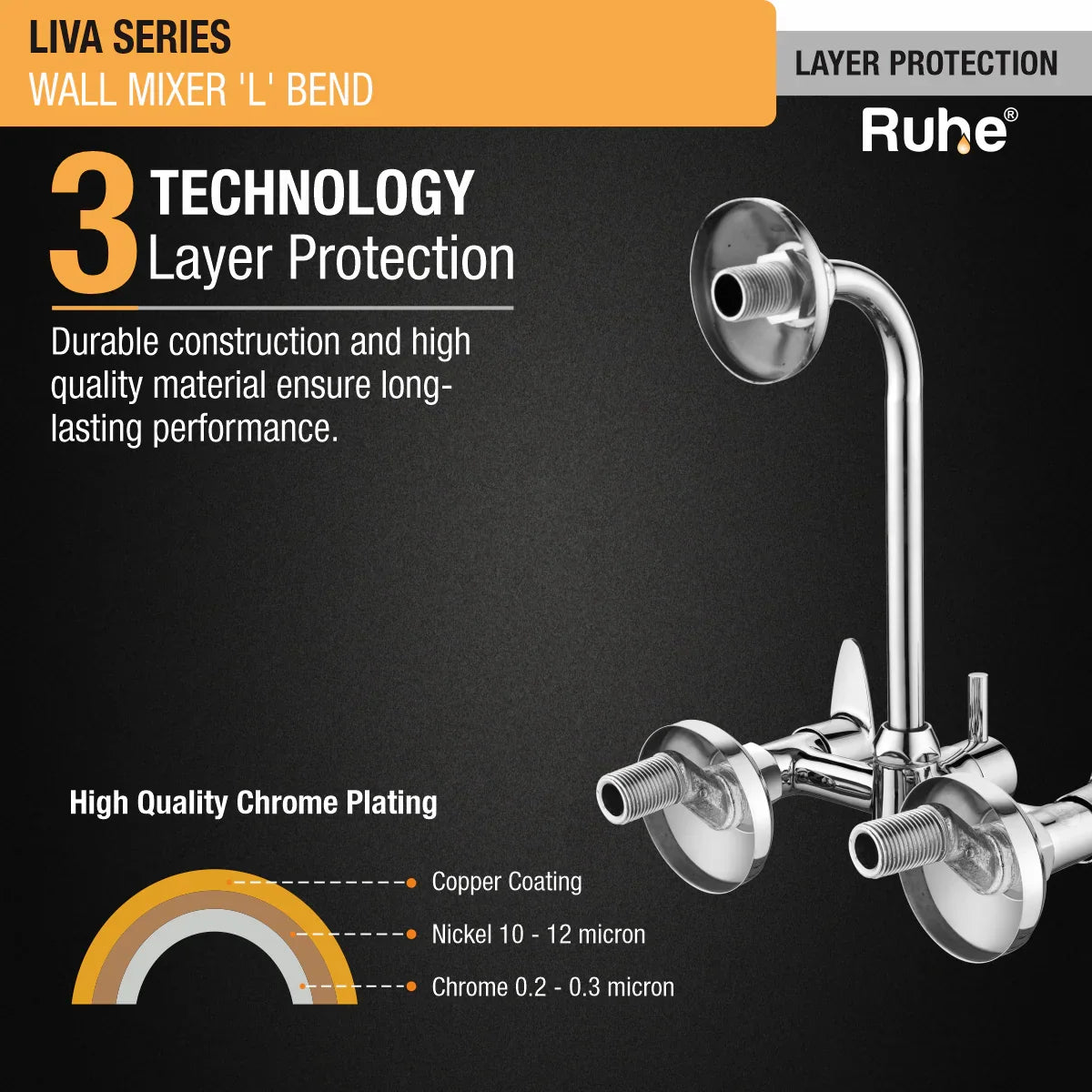 Liva Wall Mixer Brass Faucet with L Bend 3 layer protection