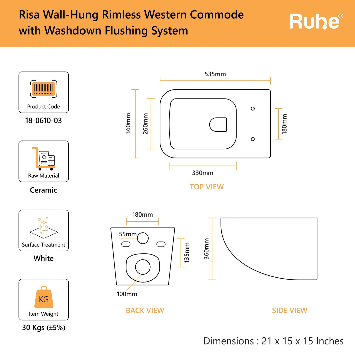 Risa Wall Hung Western Commode (Dimensions)