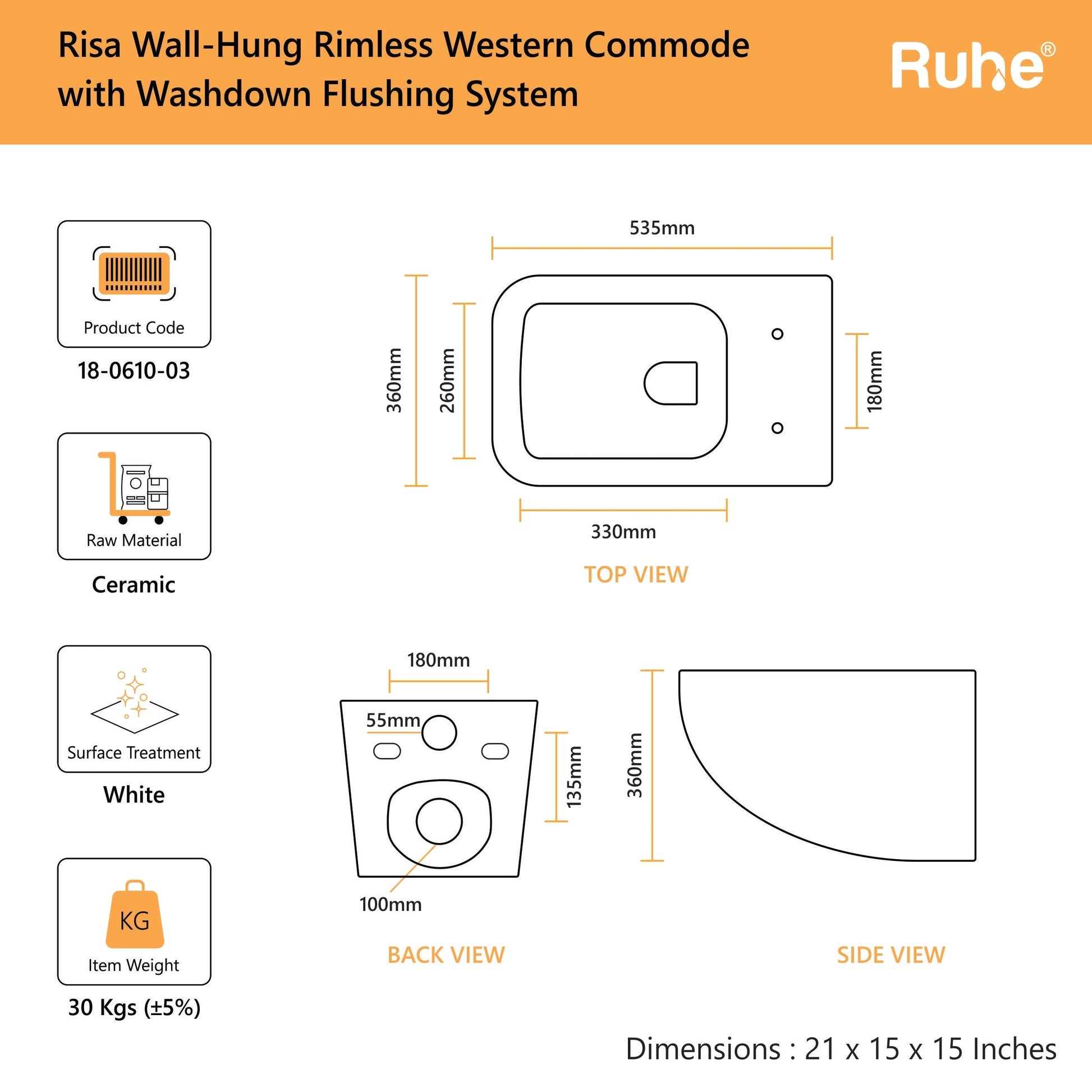 Risa Wall Hung Western Commode (Dimensions)