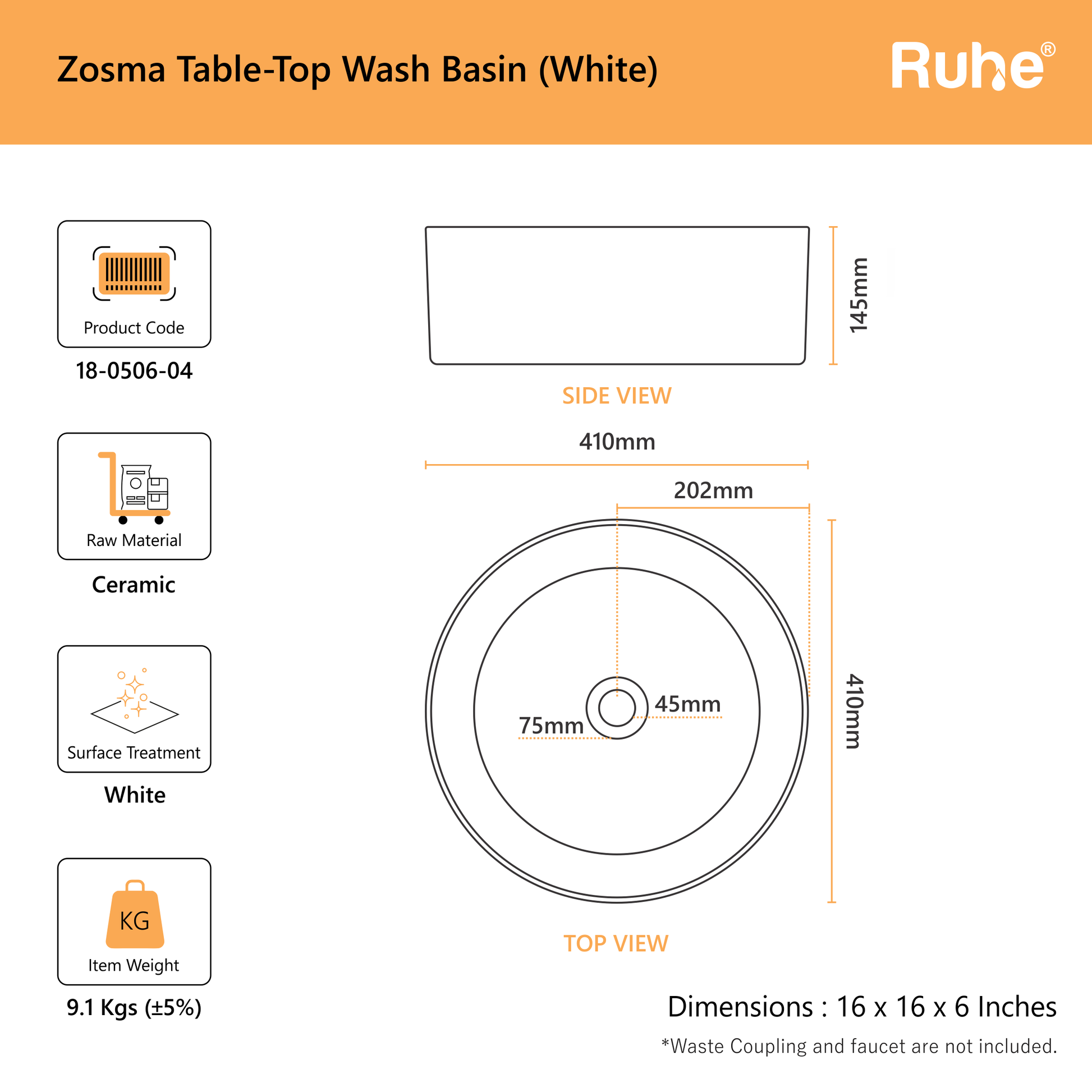 Zosma Table-Top Wash Basin (dimensions)