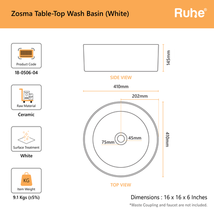 Zosma Table-Top Wash Basin (dimensions)