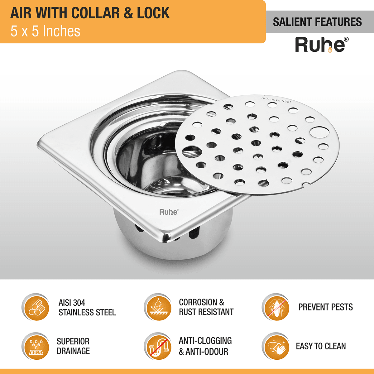 Air Square 304-Grade Floor Drain with Collar, Lock & Cockroach Trap (5 x 5 Inches) - by Ruhe - Ruhe