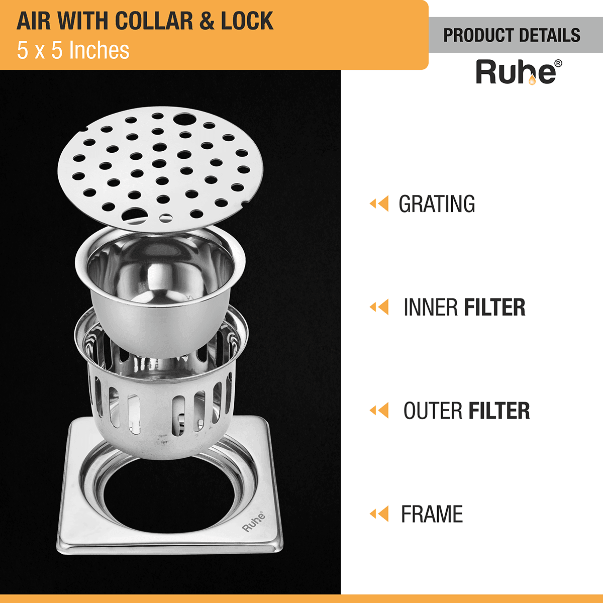 Air Square 304-Grade Floor Drain with Collar, Lock & Cockroach Trap (5 x 5 Inches) - by Ruhe - Ruhe