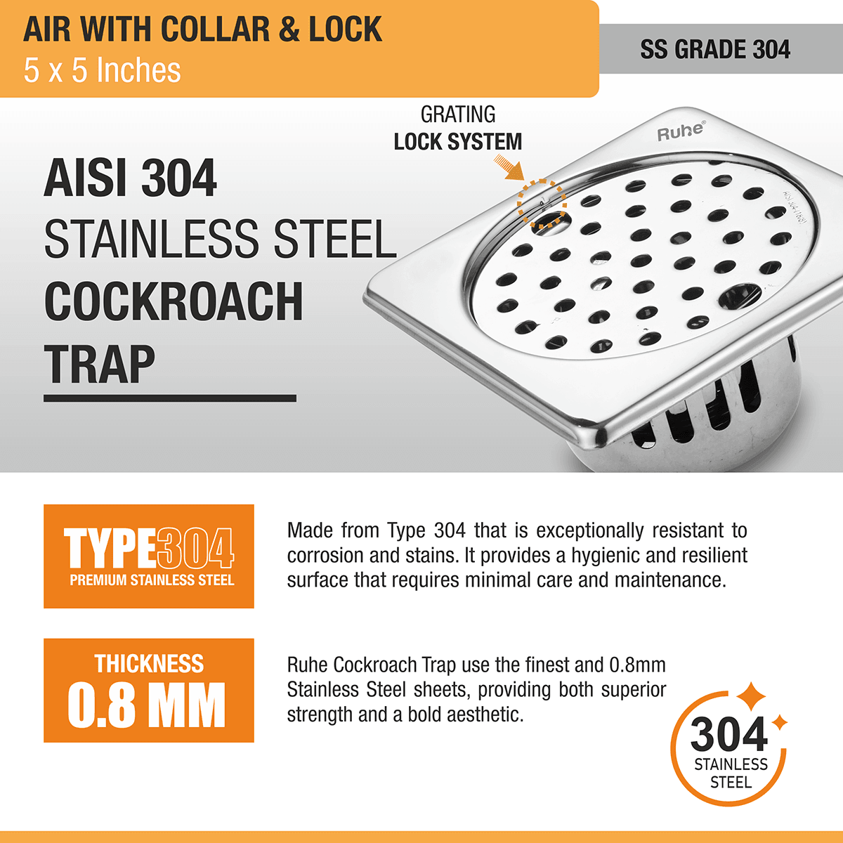 Air Square 304-Grade Floor Drain with Collar, Lock & Cockroach Trap (5 x 5 Inches) - by Ruhe - Ruhe