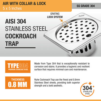 Air Square 304-Grade Floor Drain with Collar, Lock & Cockroach Trap (5 x 5 Inches) - by Ruhe - Ruhe