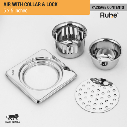 Air Square 304-Grade Floor Drain with Collar, Lock & Cockroach Trap (5 x 5 Inches) - by Ruhe - Ruhe