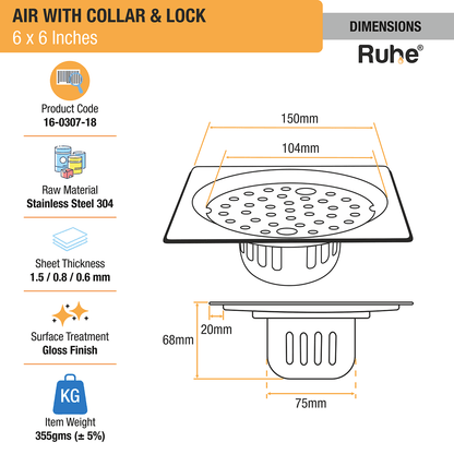 Air Square 304-Grade Floor Drain with Collar, Lock & Cockroach Trap (6 x 6 Inches) - by Ruhe - Ruhe