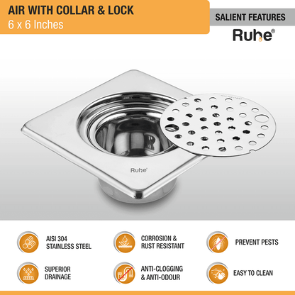Air Square 304-Grade Floor Drain with Collar, Lock & Cockroach Trap (6 x 6 Inches) - by Ruhe - Ruhe