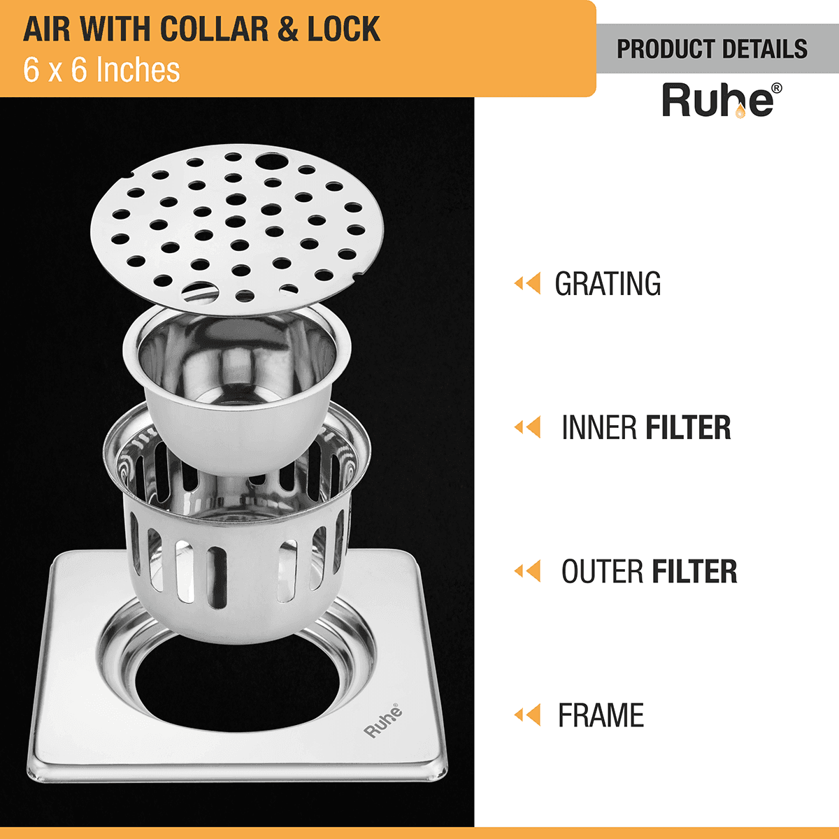 Air Square 304-Grade Floor Drain with Collar, Lock & Cockroach Trap (6 x 6 Inches) - by Ruhe - Ruhe