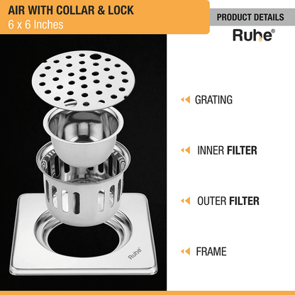 Air Square 304-Grade Floor Drain with Collar, Lock & Cockroach Trap (6 x 6 Inches) - by Ruhe - Ruhe