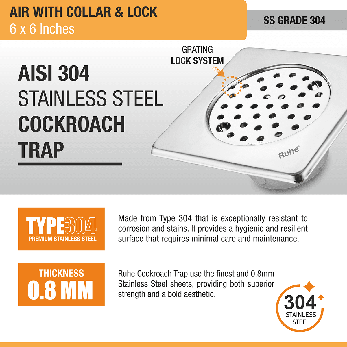Air Square 304-Grade Floor Drain with Collar, Lock & Cockroach Trap (6 x 6 Inches) - by Ruhe - Ruhe
