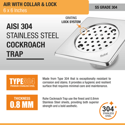 Air Square 304-Grade Floor Drain with Collar, Lock & Cockroach Trap (6 x 6 Inches) - by Ruhe - Ruhe