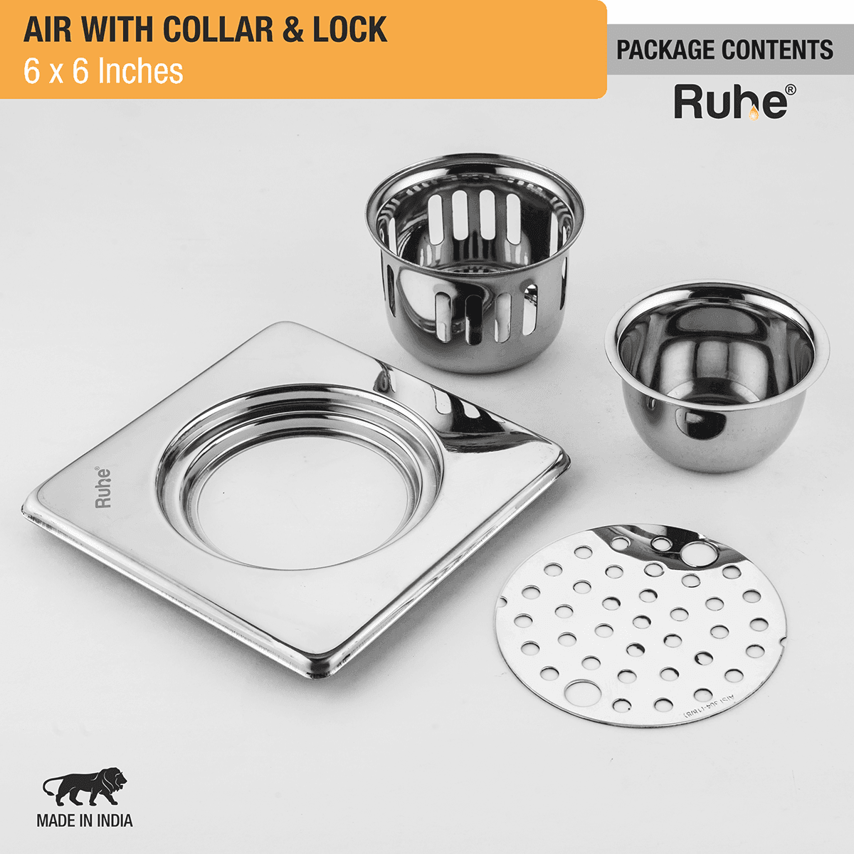 Air Square 304-Grade Floor Drain with Collar, Lock & Cockroach Trap (6 x 6 Inches) - by Ruhe - Ruhe