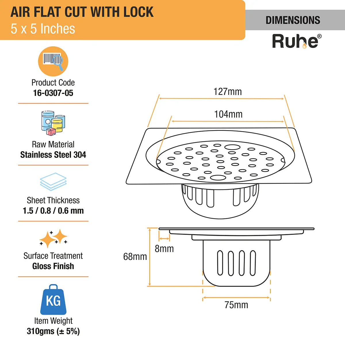 Air Floor Drain Square Flat Cut (5 x 5 Inches) with Lock and Cockroach Trap (304 Grade) dimensions and size