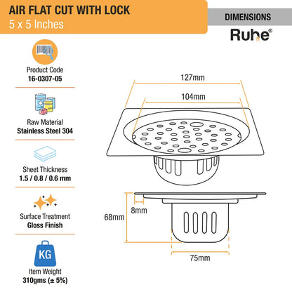 Air Floor Drain Square Flat Cut (5 x 5 Inches) with Lock and Cockroach Trap (304 Grade) dimensions and size