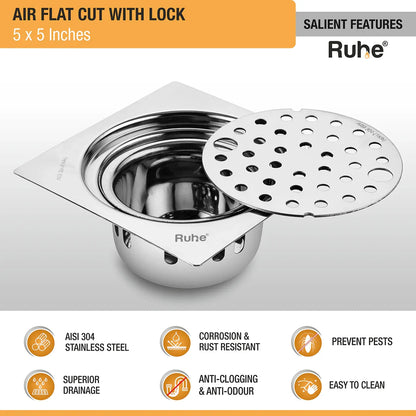 Air Floor Drain Square Flat Cut (5 x 5 Inches) with Lock and Cockroach Trap (304 Grade) features