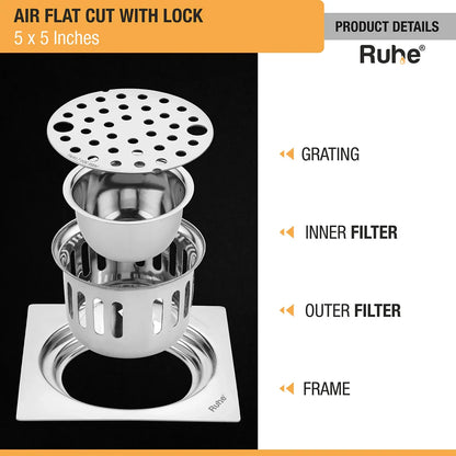 Air Floor Drain Square Flat Cut (5 x 5 Inches) with Lock and Cockroach Trap (304 Grade) details