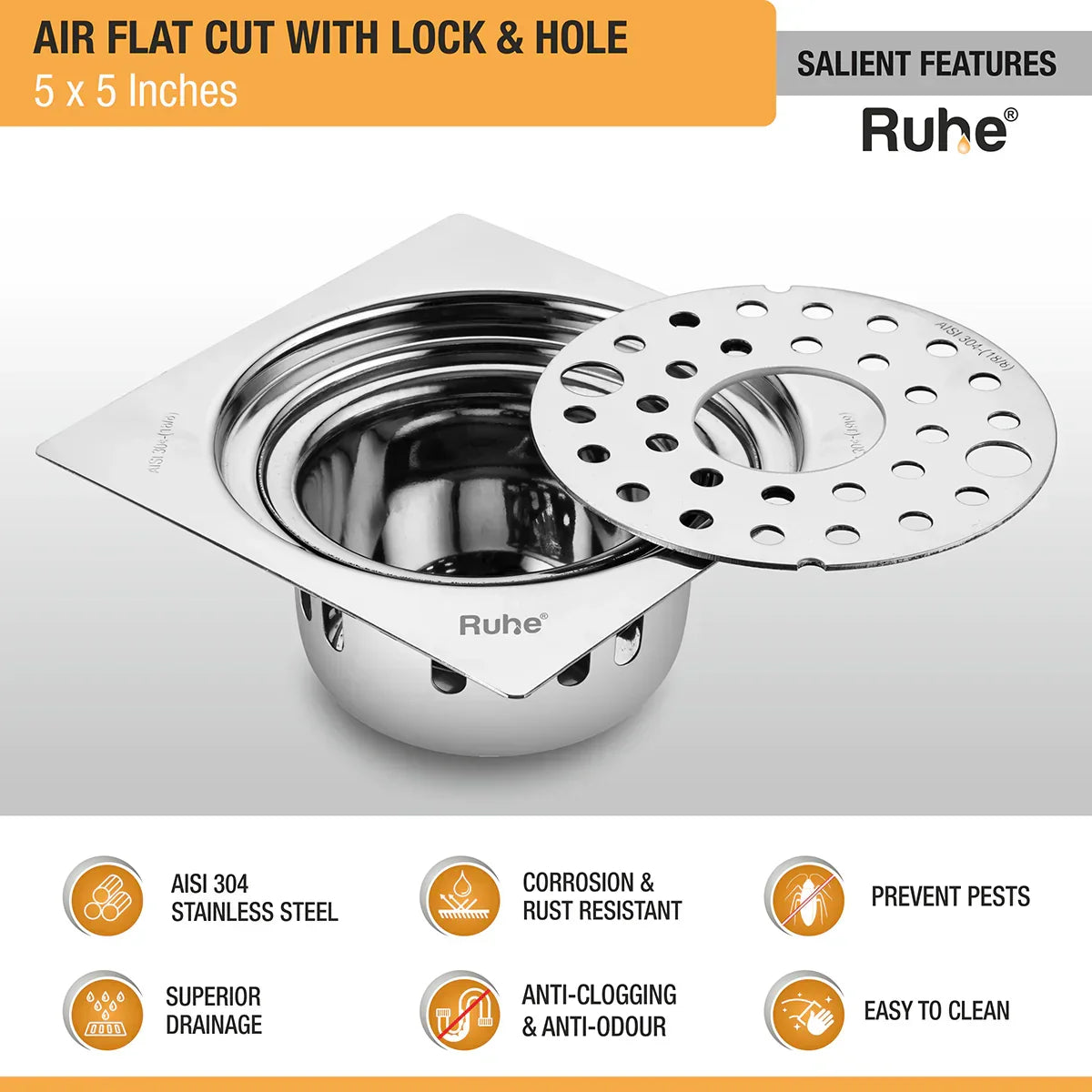Air Flat Cut Floor Drain with Lock & Cockroach Trap
