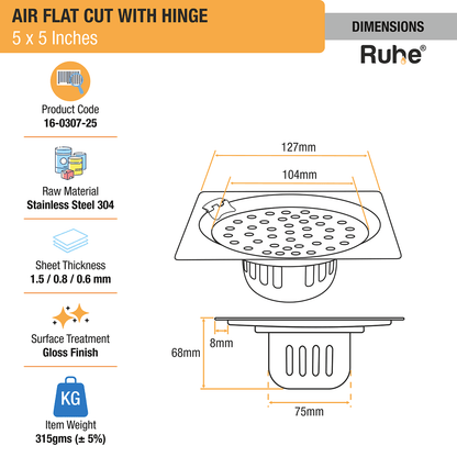 Air Square Flat Cut 304-Grade Floor Drain with Hinge & Cockroach Trap (5 x 5 Inches) - by Ruhe - Ruhe