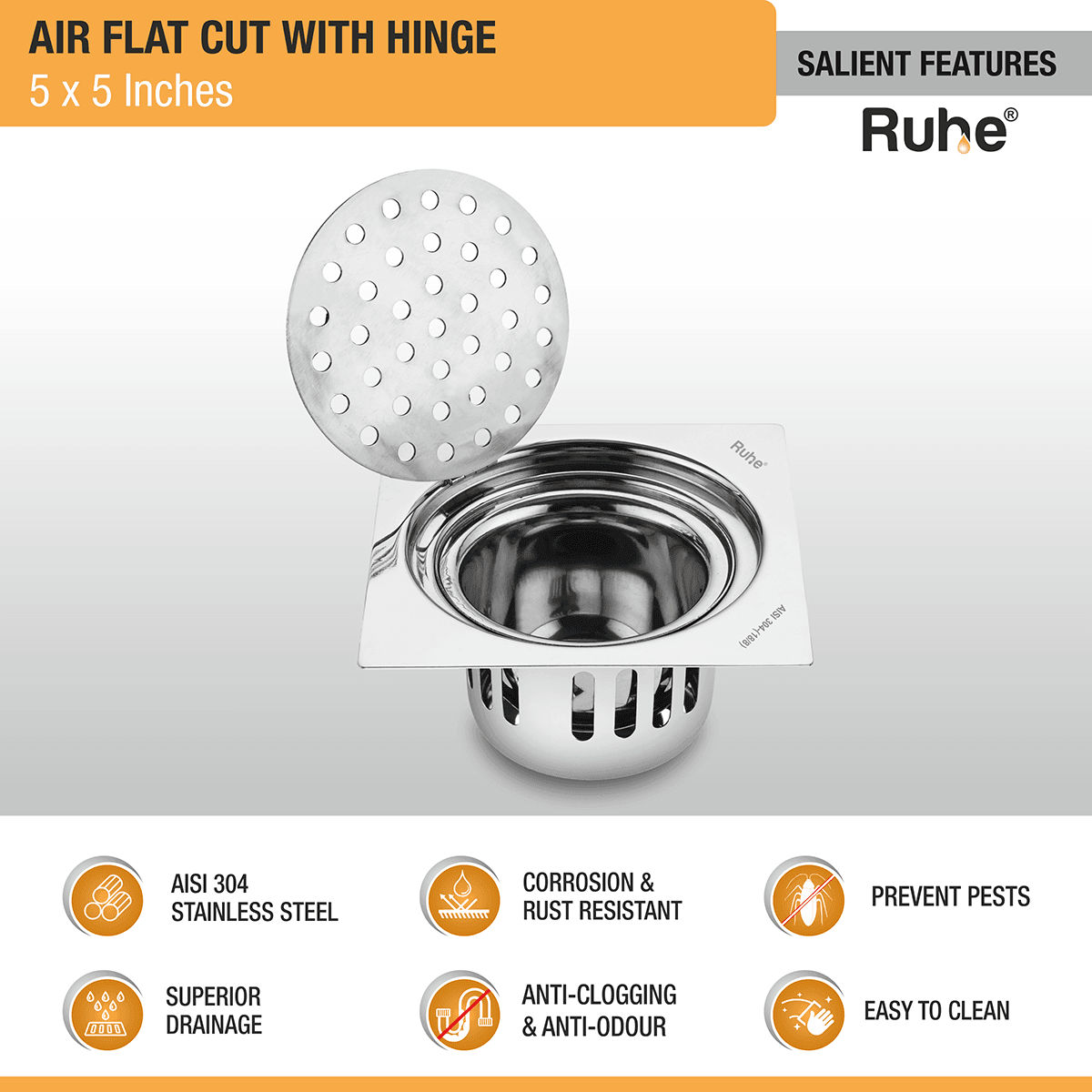 Air Square Flat Cut 304-Grade Floor Drain with Hinge & Cockroach Trap (5 x 5 Inches) - by Ruhe - Ruhe