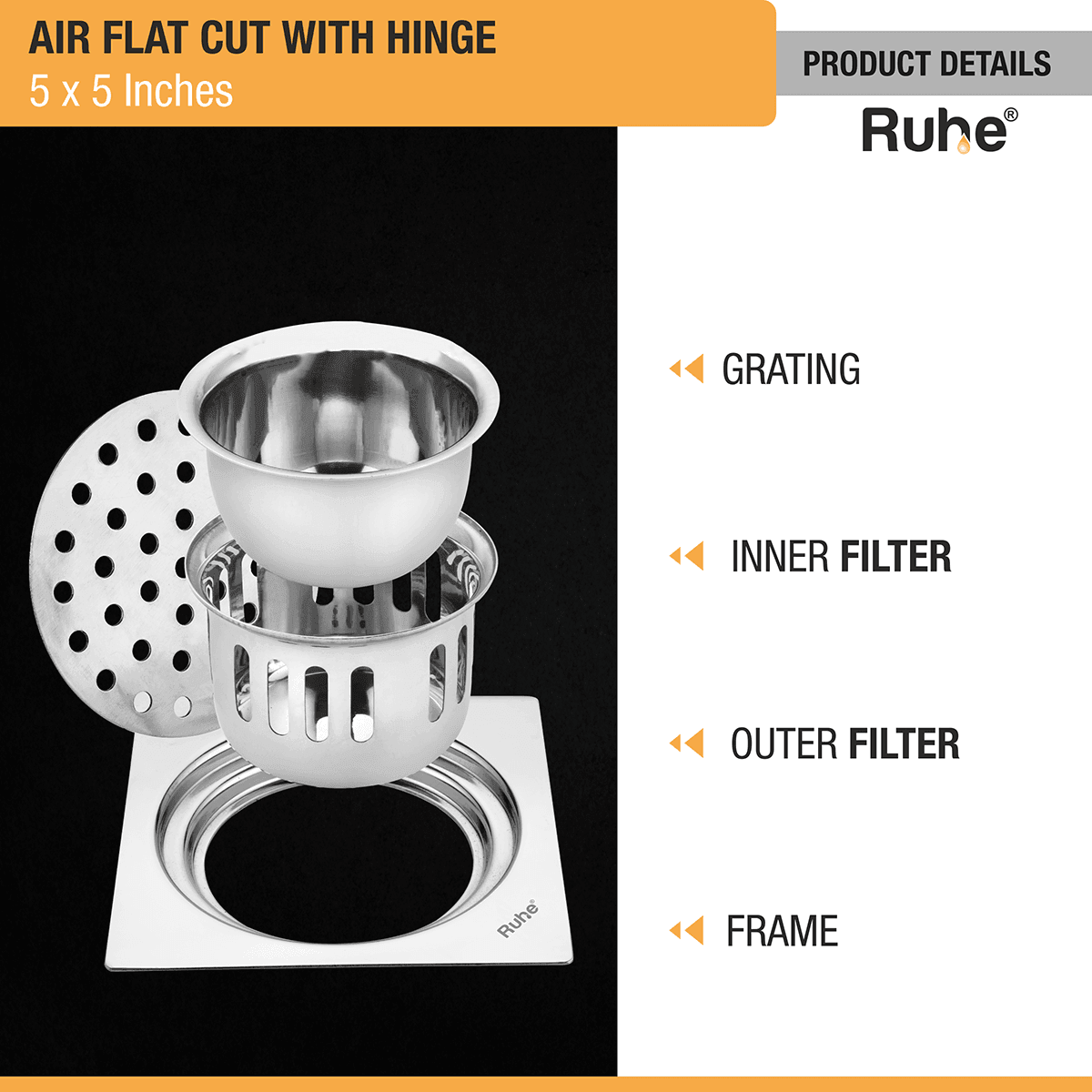 Air Square Flat Cut 304-Grade Floor Drain with Hinge & Cockroach Trap (5 x 5 Inches) - by Ruhe - Ruhe