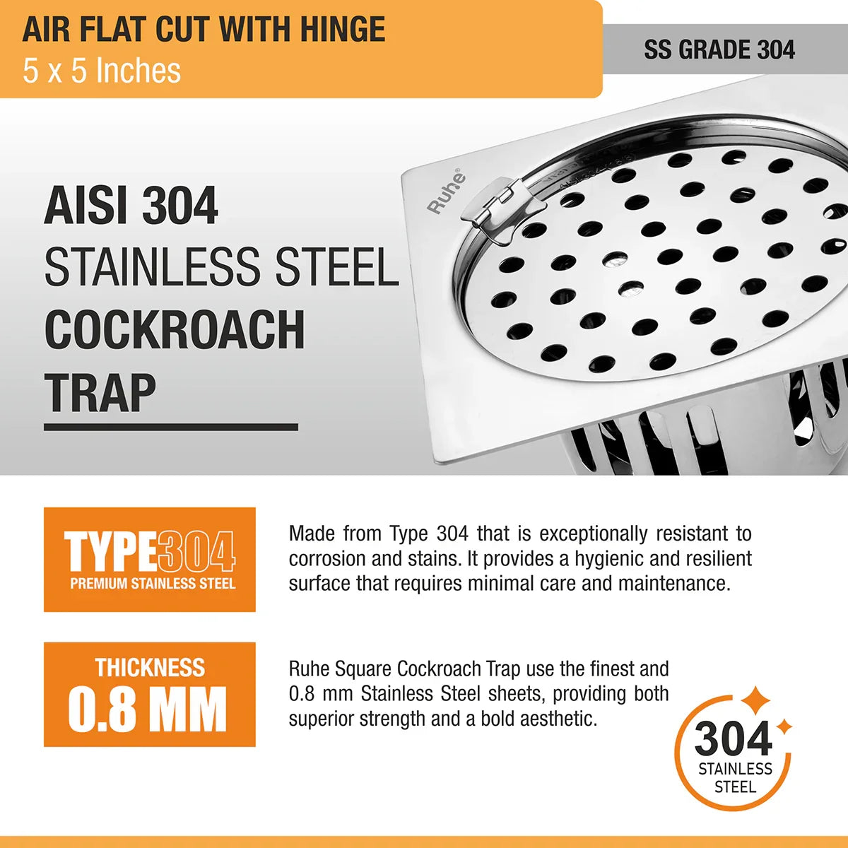 Air Square Flat Cut Floor Drain (5 x 5 Inches) with Hinge & Cockroach Trap (304 Grade) stainless steel
