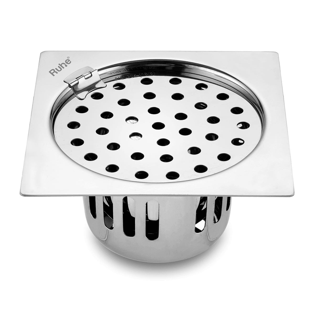 Air Square Flat Cut 304-Grade Floor Drain with Hinge & Cockroach Trap (5 x 5 Inches) - by Ruhe - Ruhe
