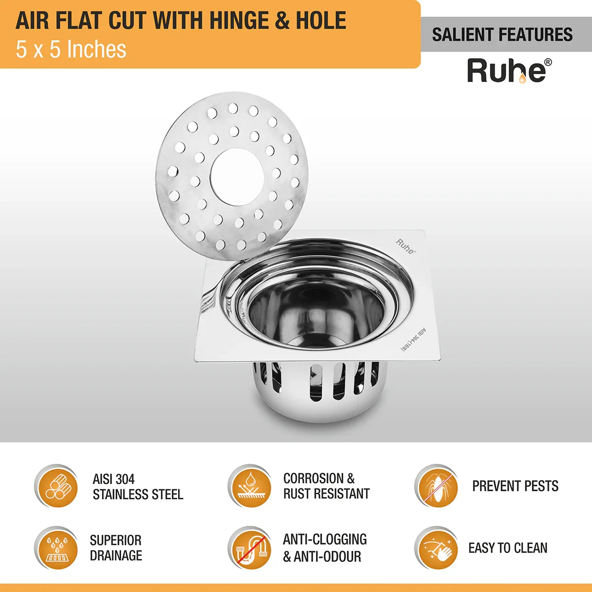 Air Flat Cut Floor Drain with Hinge & Cockroach Trap