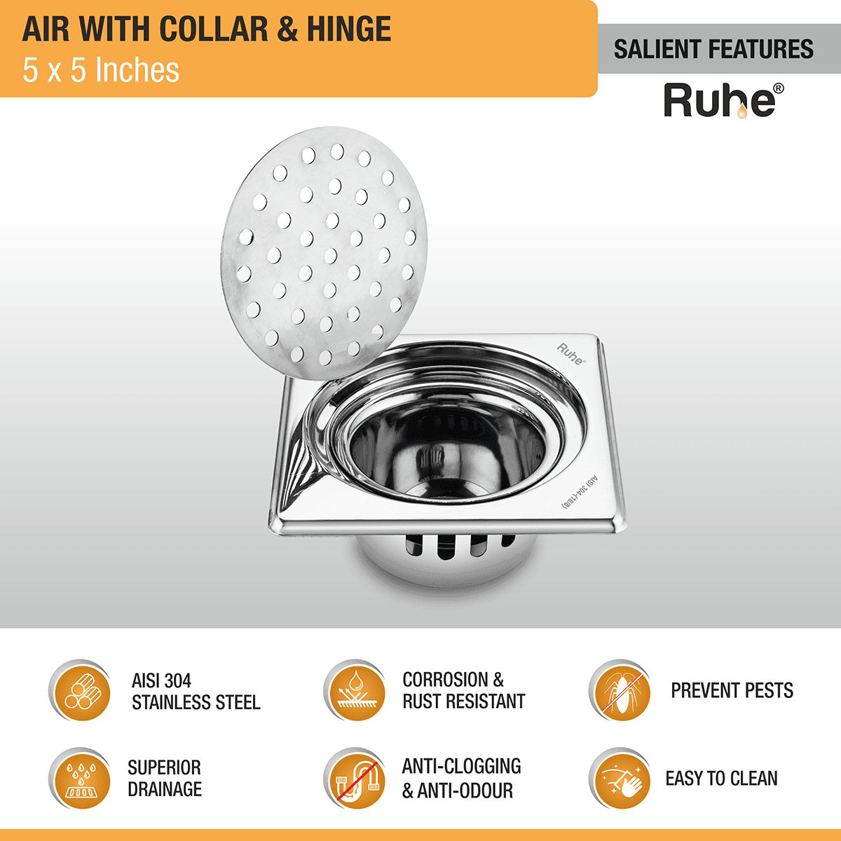 Air Square 304-Grade Floor Drain with Collar, Hinge & Cockroach Trap (5 x 5 Inches) - by Ruhe - Ruhe