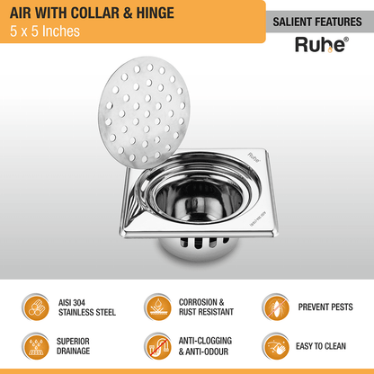 Air Square 304-Grade Floor Drain with Collar, Hinge & Cockroach Trap (5 x 5 Inches) - by Ruhe - Ruhe