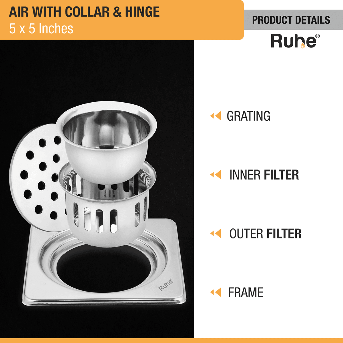 Air Square 304-Grade Floor Drain with Collar, Hinge & Cockroach Trap (5 x 5 Inches) - by Ruhe - Ruhe