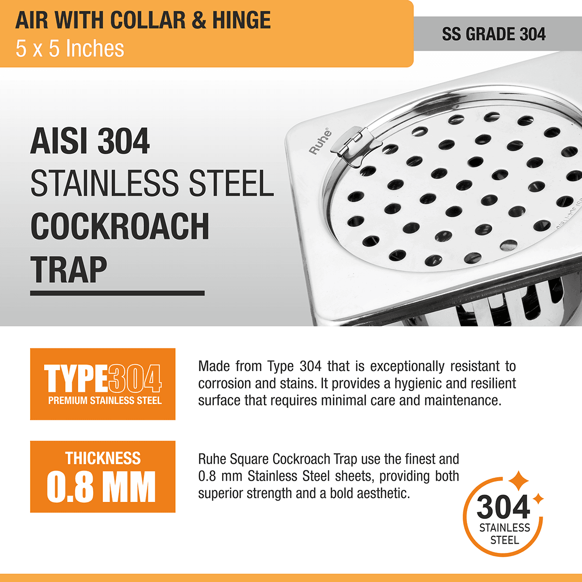Air Square 304-Grade Floor Drain with Collar, Hinge & Cockroach Trap (5 x 5 Inches) - by Ruhe - Ruhe