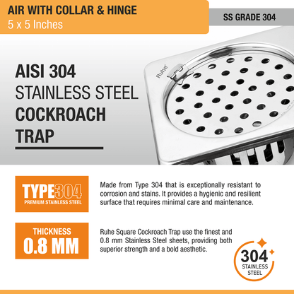 Air Square 304-Grade Floor Drain with Collar, Hinge & Cockroach Trap (5 x 5 Inches) - by Ruhe - Ruhe