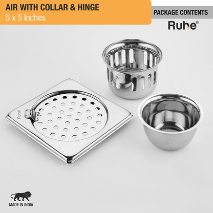 Air Square 304-Grade Floor Drain with Collar, Hinge & Cockroach Trap (5 x 5 Inches) - by Ruhe - Ruhe
