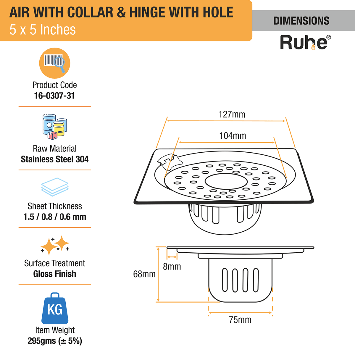 Air Square 304-Grade Floor Drain with Collar, Hinge, Hole & Cockroach Trap (5 x 5 Inches) - by Ruhe - Ruhe