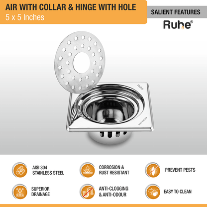 Air Square 304-Grade Floor Drain with Collar, Hinge, Hole & Cockroach Trap (5 x 5 Inches) - by Ruhe - Ruhe