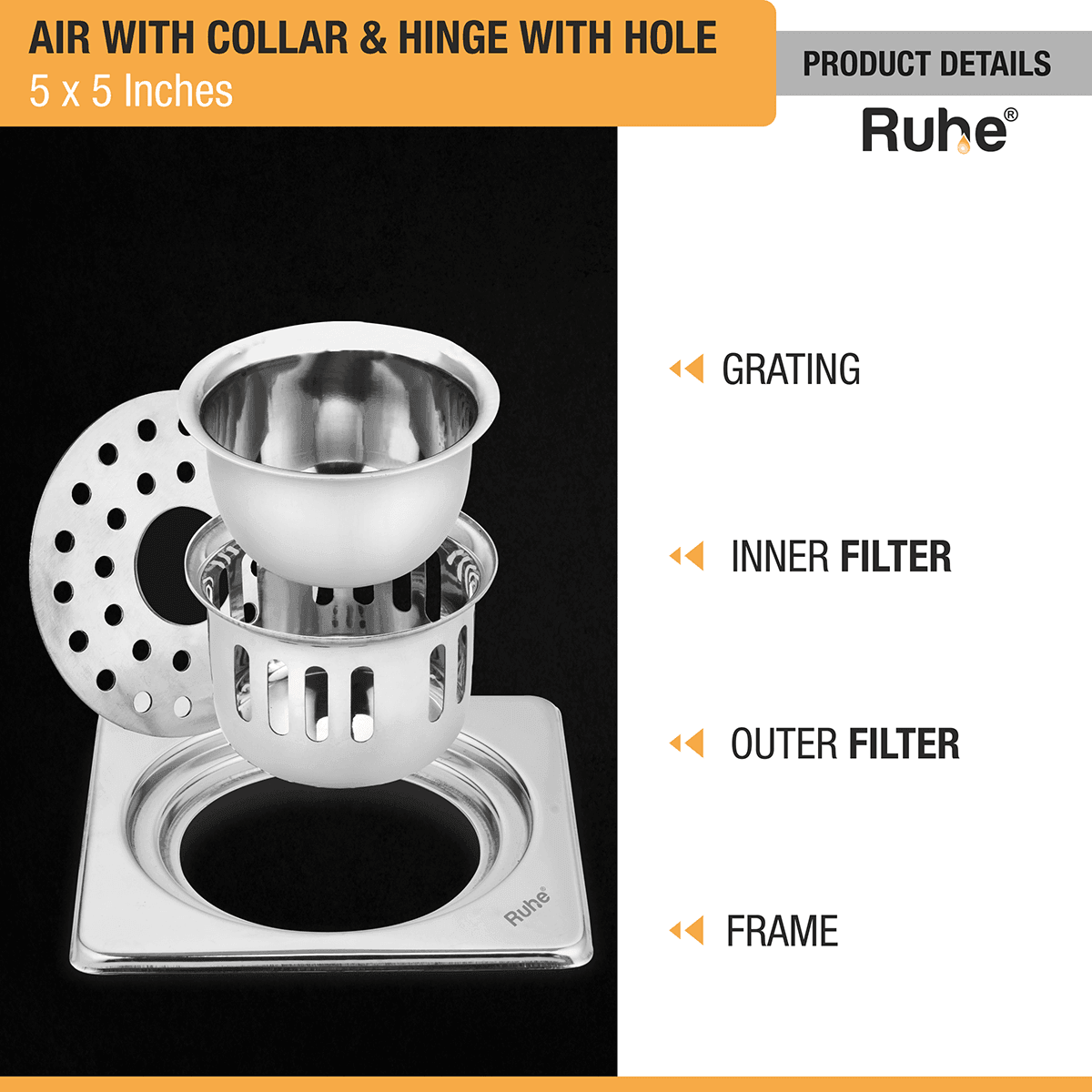 Air Square 304-Grade Floor Drain with Collar, Hinge, Hole & Cockroach Trap (5 x 5 Inches) - by Ruhe - Ruhe