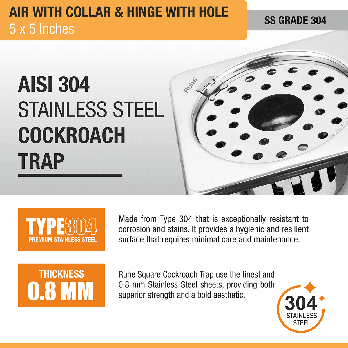 Air Square 304-Grade Floor Drain with Collar, Hinge, Hole & Cockroach Trap (5 x 5 Inches) - by Ruhe - Ruhe
