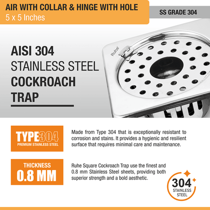 Air Square 304-Grade Floor Drain with Collar, Hinge, Hole & Cockroach Trap (5 x 5 Inches) - by Ruhe - Ruhe