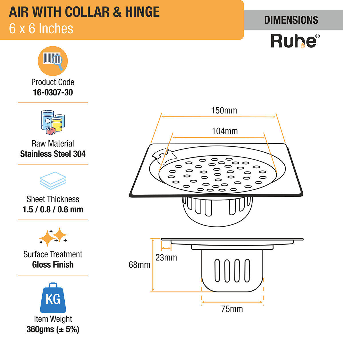 Air Square 304-Grade Floor Drain with Collar, Hinge & Cockroach Trap (6 x 6 Inches) - by Ruhe - Ruhe