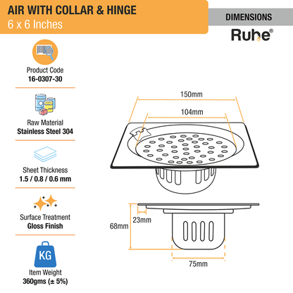 Air Square 304-Grade Floor Drain with Collar, Hinge & Cockroach Trap (6 x 6 Inches) - by Ruhe - Ruhe