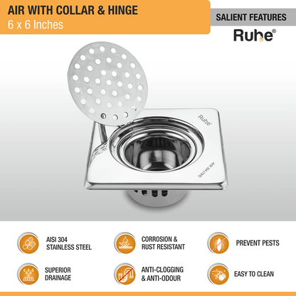 Air Square 304-Grade Floor Drain with Collar, Hinge & Cockroach Trap (6 x 6 Inches) - by Ruhe - Ruhe