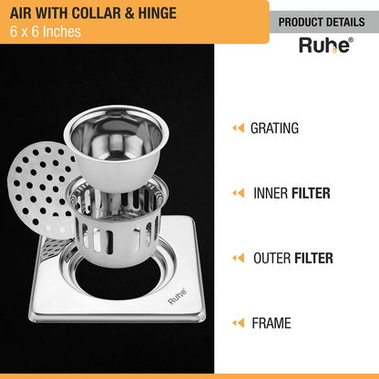 Air Square 304-Grade Floor Drain with Collar, Hinge & Cockroach Trap (6 x 6 Inches) - by Ruhe - Ruhe