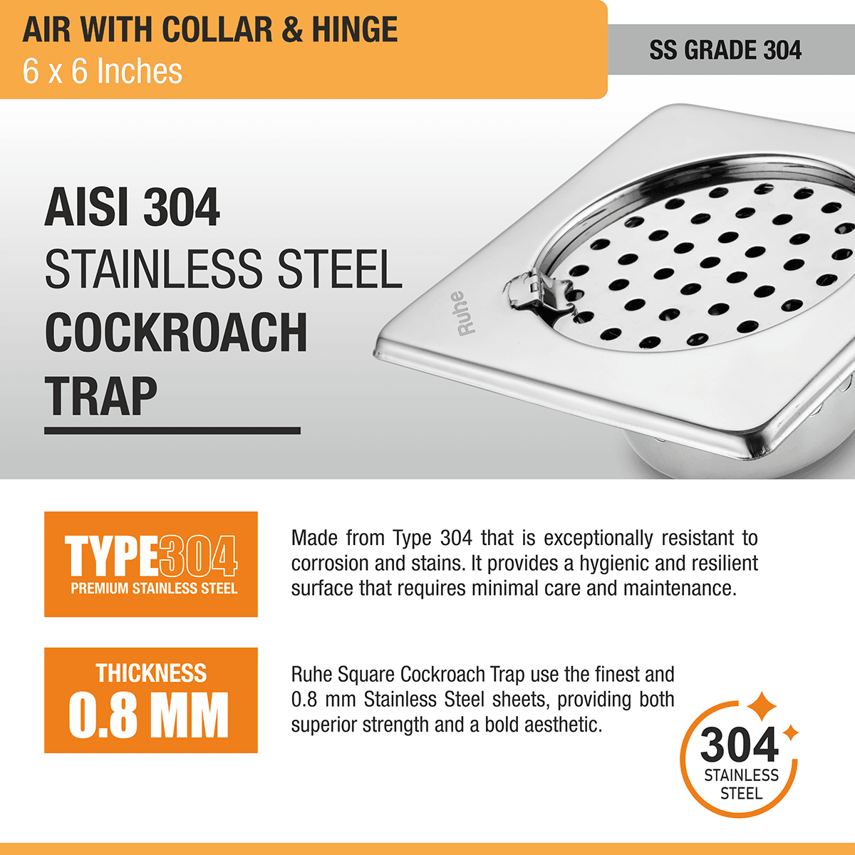 Air Square 304-Grade Floor Drain with Collar, Hinge & Cockroach Trap (6 x 6 Inches) - by Ruhe - Ruhe