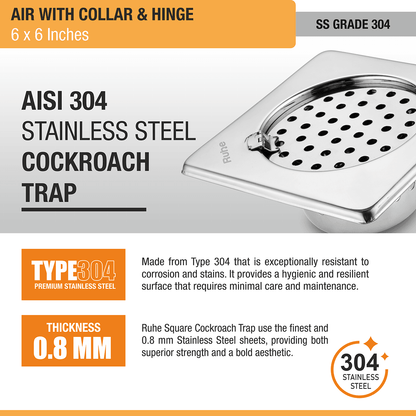 Air Square 304-Grade Floor Drain with Collar, Hinge & Cockroach Trap (6 x 6 Inches) - by Ruhe - Ruhe