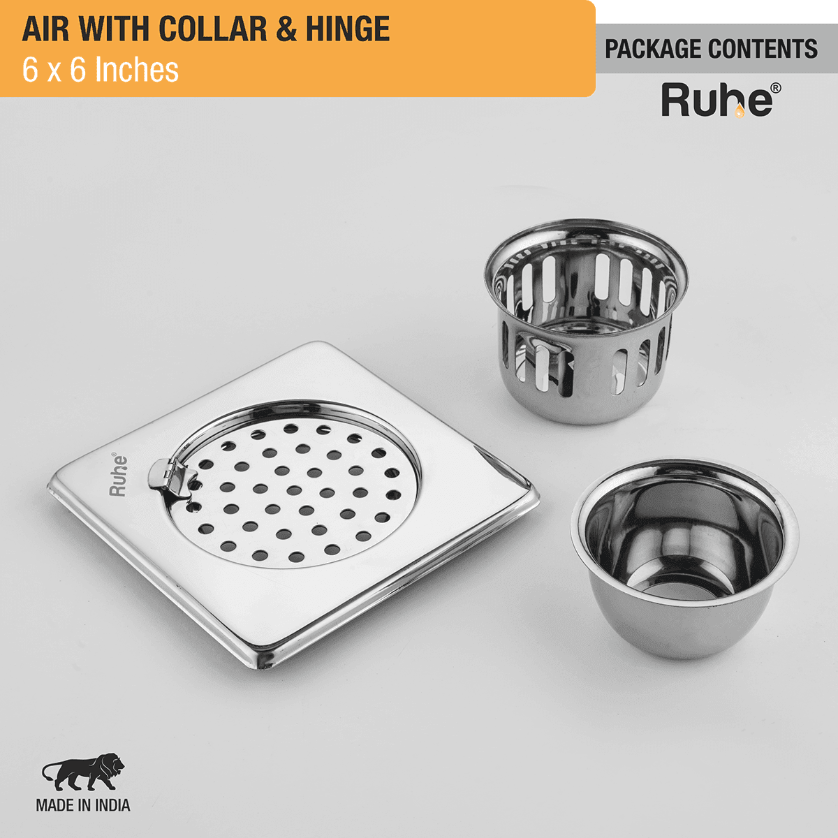 Air Square 304-Grade Floor Drain with Collar, Hinge & Cockroach Trap (6 x 6 Inches) - by Ruhe - Ruhe