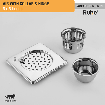 Air Square 304-Grade Floor Drain with Collar, Hinge & Cockroach Trap (6 x 6 Inches) - by Ruhe - Ruhe